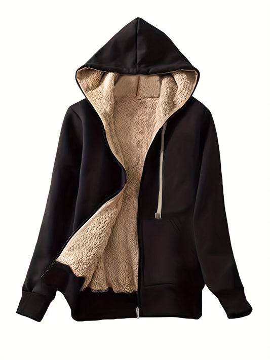 Solid Zip Up Fleece Drawstring Hoodie, Casual Long Sleeve Thick Warm Sweatshirt, Women's Clothing