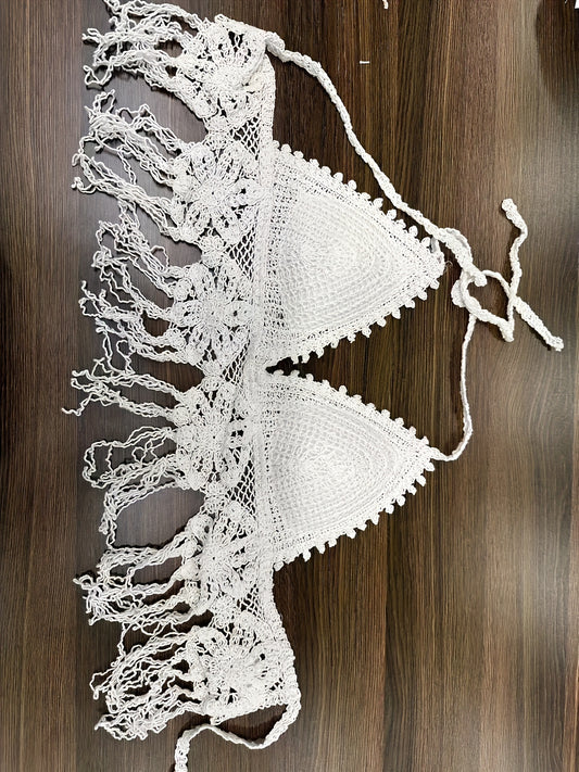 Floral Crochet Fringe Plain Scallop Trim Boho Beach Top, Halter Backless Hollow Out Paddings Top, Women's Swimwear & Clothing