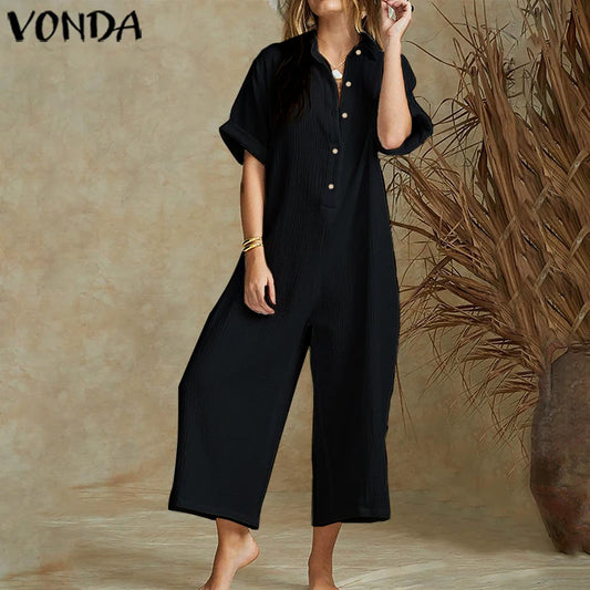 Elegant Summer Jumpsuits Women Vintage Wide Leg Pants 2023 VONDA Female Rompers Women Jumpsuits  Playsuit Casual Solid Overalls