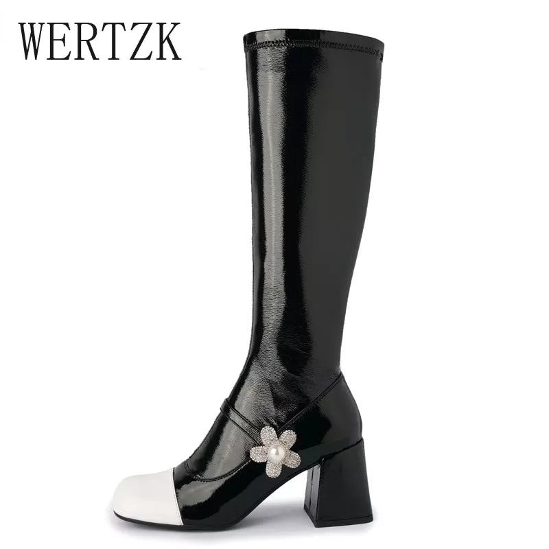 Brand Design Skidproof Sole Cozy Chunky Heels Fashion Elasticity Leisure Cool Autumn Winter Knee High  Boots Shoes Women