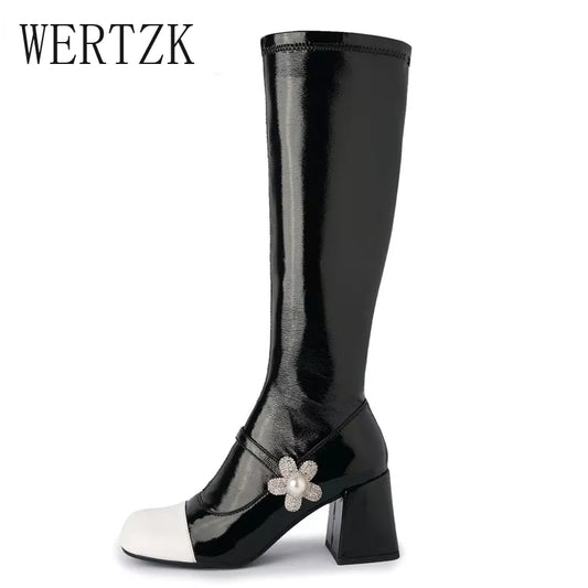 Brand Design Skidproof Sole Cozy Chunky Heels Fashion Elasticity Leisure Cool Autumn Winter Knee High  Boots Shoes Women