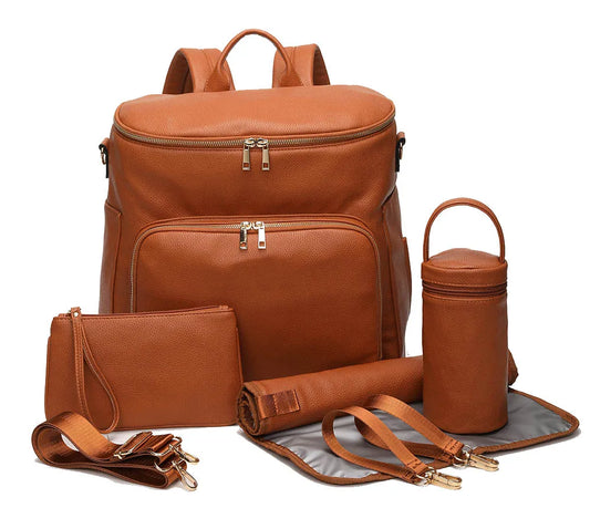 PU Leather Diaper Bag Backpack Travel Carry Bag, Nappy Baby Bag with Stroller Hanger|Thermal Pockets|Adjustable Shoulder Straps