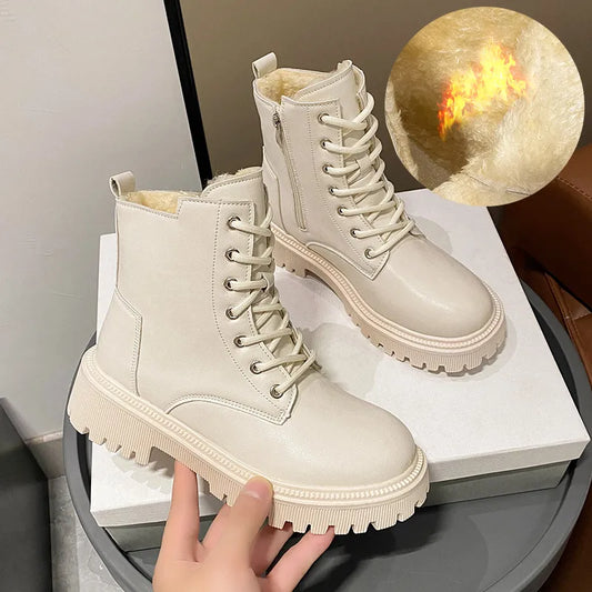 Winter Thicken Plush Ankle Boots Women 2023 New Warm Pu Leather Snow Boots Woman Black Winter Lace-Up Flat Heels Cotton Shoes