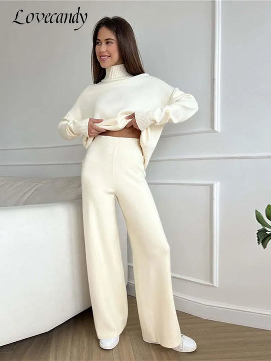 Autumn Women Turtleneck Knitted Sweater Set Casual Solid Sweater High Waist Wide Leg Pant Suit 2022 Fashion Lady Knitwear Outfit