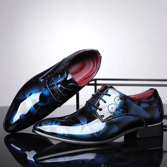 movechain Vintage Design Men's Fashion Print Plus size Patent leather Business Dress Shoes Mens Casual Lace-up Flats Sizes 38-48