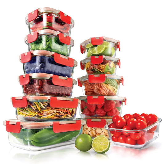 NutriChef 24 Piece Superior Glass Food Storage Set, Locking Hinge Red Lids food storage containers  containers for kitchen
