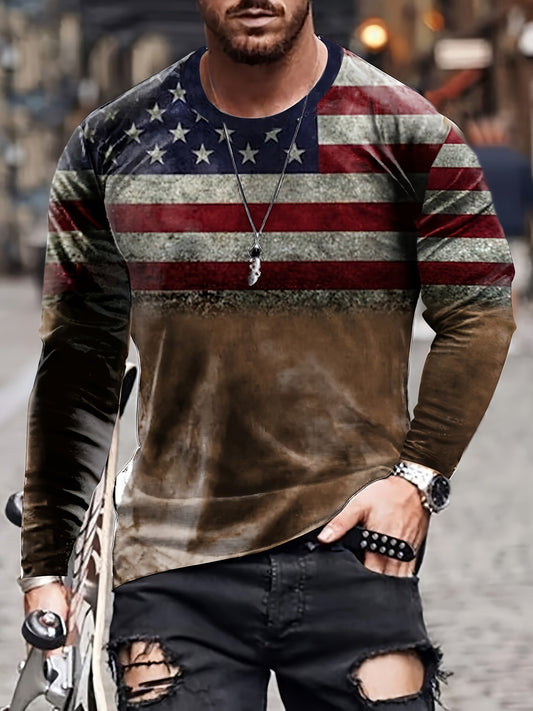 Men's 3D American Flag Graphic Long Sleeve T-shirt, Casual Slightly Stretch Breathable Pullover Top For Outdoor