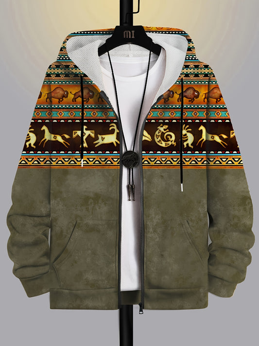 Retro Ethnic Pattern Print Men's Hooded Jacket Casual Long Sleeve Hoodies With Zipper Gym Sports Hooded Coat For Spring Fall
