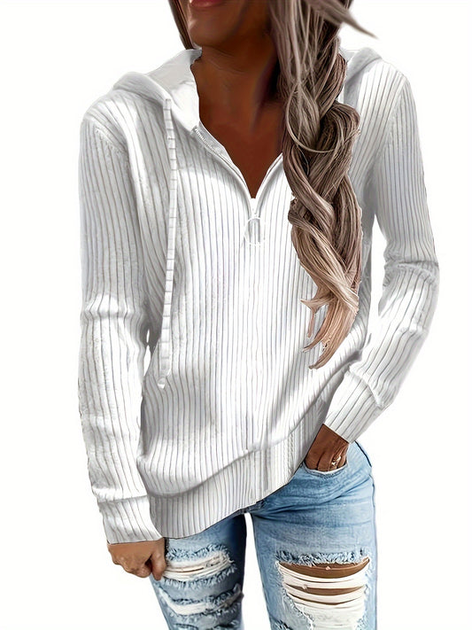 Zip-up Pullover Drawstring Hoodie, Casual Long Sleeve Ribbed Hoodie Sweatshirt, Women's Clothing