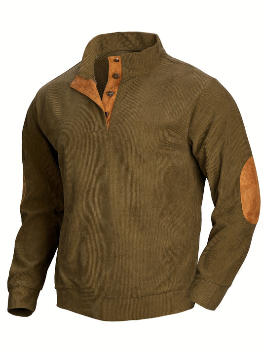 Ribbed Men's Casual Retro Stand Collar Thick Long Sleeve Henry Shirt, Fall Winter
