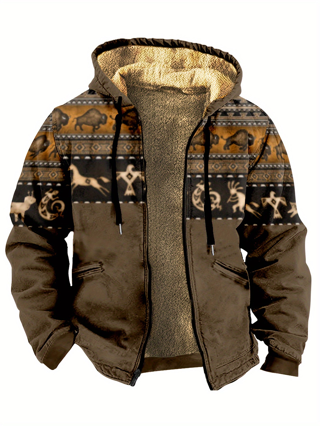 Men's Printed Warm Fleece Ethnic Style Hooded Coat For Fall Winter