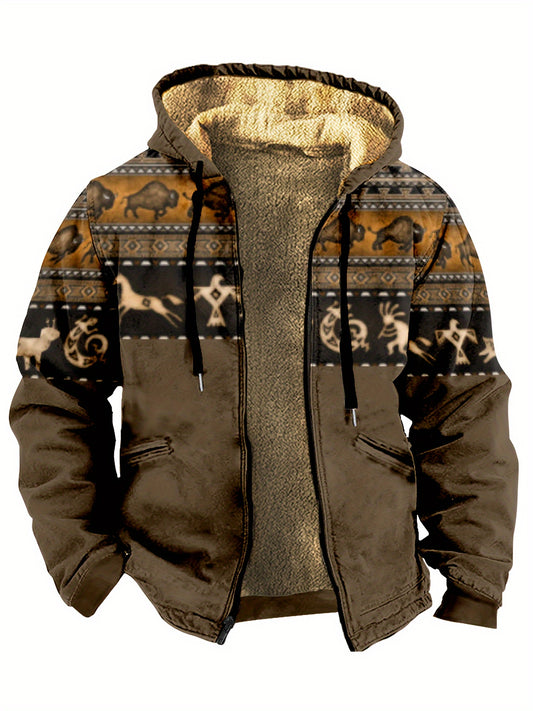Men's Printed Warm Fleece Ethnic Style Hooded Coat For Fall Winter