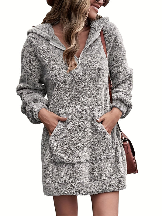 Fuzzy Long Length Hoodie, Casual Solid Long Sleeve Kangaroo Pocket Winter Sweatshirt, Women's Clothing