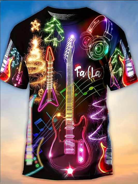 Men's Stylish Guitar Pattern Shirt, Casual Slightly Stretch Breathable Crew Neck Short Sleeve Tee Top For City Walk Street Hanging Outdoor Activities