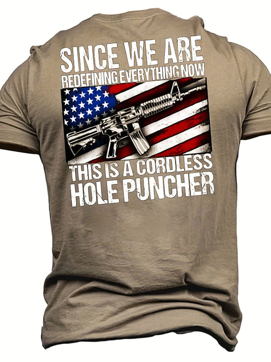 Letter And Flag Print, Men's Novelty T-shirt, Trendy Vintage Tees For Summer