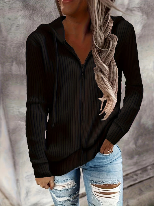 Drawstring Zip Up Hoodie, Casual Long Sleeve Hoodie For Fall & Winter, Women's Clothing