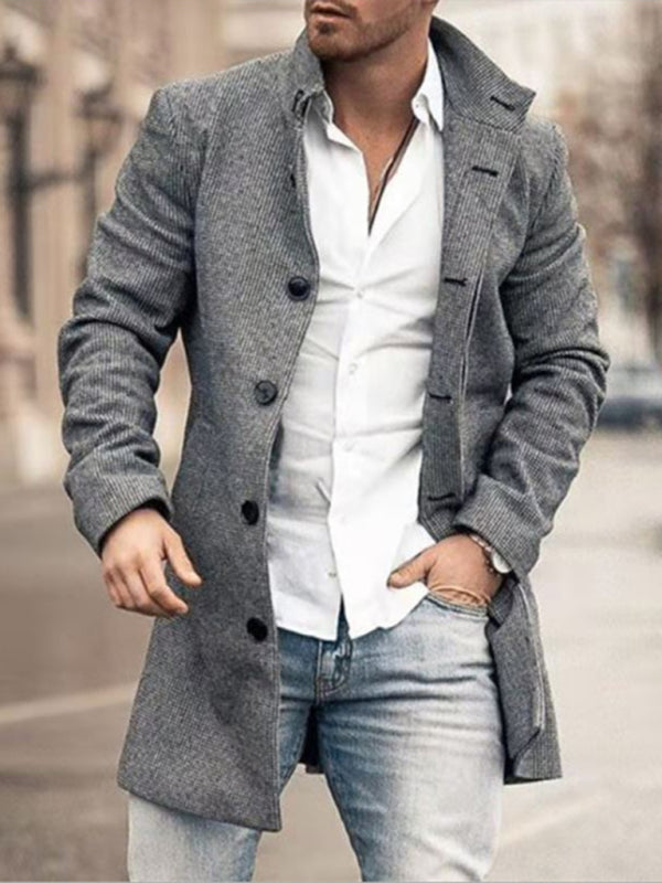 Nuevo abrigo casual de lana con cuello alto y bolsillo de longitud media para hombre 