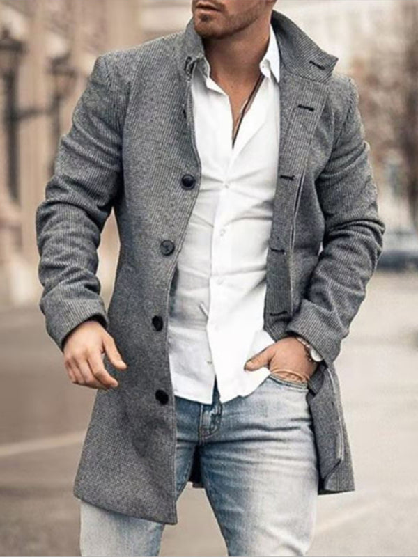 Nuevo abrigo casual de lana con cuello alto y bolsillo de longitud media para hombre 